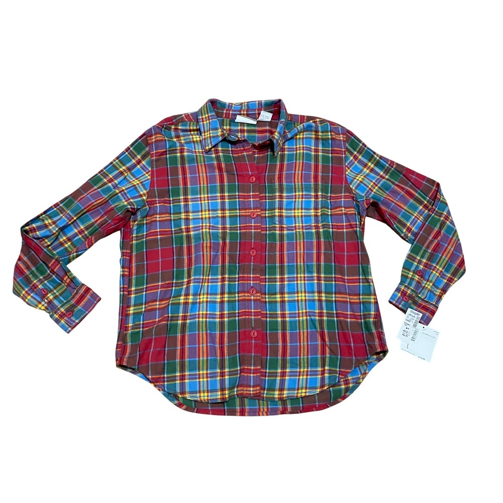 Liz Claiborne Lizwear Women's LG Red Plaid Button Down Shirt Blazing Colors NWT